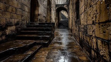 Fototapeta premium Stone steps and a narrow alleyway lead to an archway..