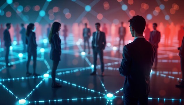 Diverse group of people stand interconnected by vibrant digital network. Modern tech communication concept. Pro attire suggests business setting. Global business team interacts in virtual environment.
