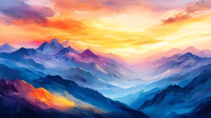 Obraz premium Vibrant Digital Painting: Majestic Mountains Gleaming at Sunset. AI Generated