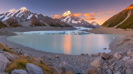 Pristine Mountain Range with Glacial Lake at Sunset