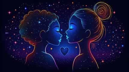 Fototapeta premium Neon silhouette of diverse young adults in cosmic embrace with heart. Happy Mother's Day