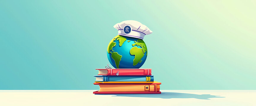 An illustration featuring a graduation cap on books and a globe, highlighting the importance of education on International Day of Education, generative ai