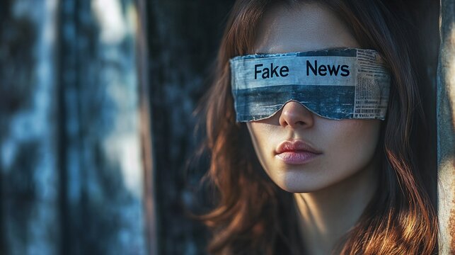 A woman with long hair and brown eyes has newspaper strips covering her eyes, with the words Fake News written on them.
