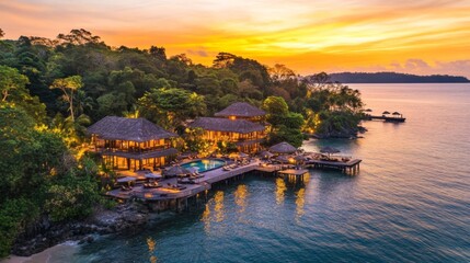 Fototapeta premium Tropical Beach Resort with Thatched Villas at Sunset