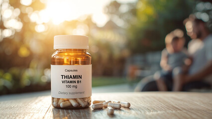 Amber bottle of thiamin vitamin B1 dietary supplement capsules with 100 mg dosage on wooden table, health and wellness product in natural outdoor setting, blurred family background and sunlight
