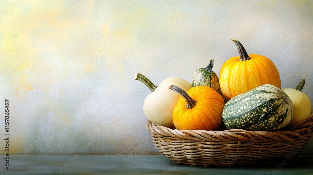 Poster colorful gourds in a basket on a soft table