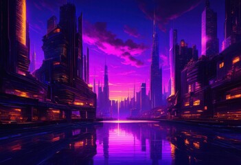 Obraz premium brilliant twilight city skyline aglow luminous lights illuminating urban beauty dynamic architectural lines, architecture, evening, horizon, vibrant