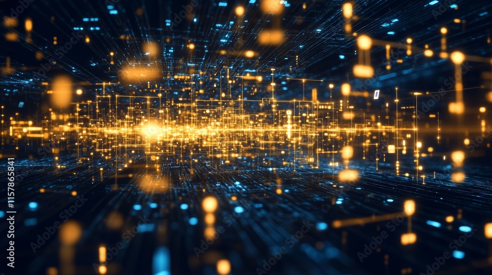 Poster abstract digital space with glowing particles and lines.