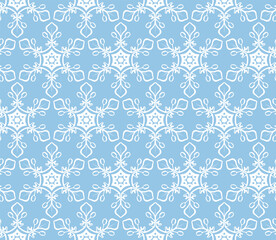 Snowflake ornament pattern. Blue seamless design. Graphic background with snow elements. Blue and white repetitive illustration for decoration. Winter wallpaper art. Digital paper.