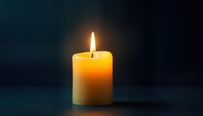 Yellow candle flame glows brightly on dark background. Simple candle light design. Ideal for celebration religious themes. Warm yellow light against dark backdrop. Peaceful scene perfect for header
