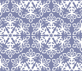White blue lace seamless pattern design. Graphic background with snowflake elements. Floral repetitive boho illustration. Winter wallpaper art.