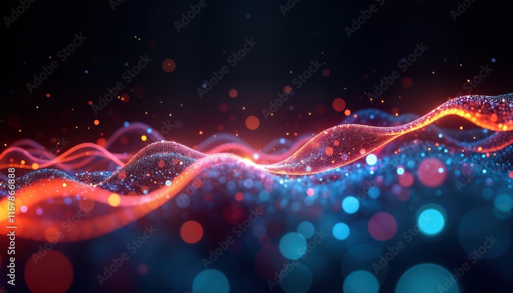 Poster abstract glowing lines, dots create waves on dark background. optical data concept illustrates high-