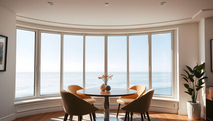 Fototapeta premium Stylish dining interior with table and chairs, panoramic window. Mockup frames, pop-art. isolated with white highlights