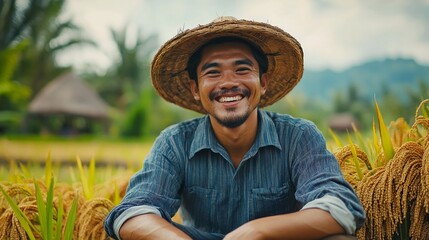 Fototapeta premium A farmer smiling while sitting in a rice field.