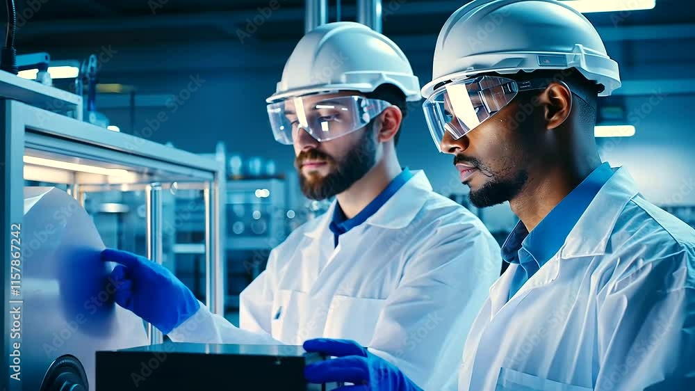 Poster engineers controlling collaborative robot in high tech facility