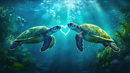 Obraz premium Two sea turtles sharing a heart-shaped bubble in underwater ocean scenery The 14th of February. Happy Valentine's Day