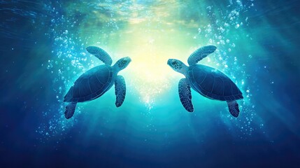 Fototapeta premium Two sea turtles swimming underwater in sunlit ocean The 14th of February. Happy Valentine's Day