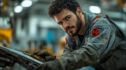 Fototapeta premium Focused young male industrial worker intensely inspecting machinery.