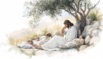 Fototapeta premium Jesus Praying for Children Under an Olive Tree, Pencil Drawing