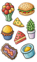 A collection of vibrant cartoon style stickers featuring food and plants, including lollipops, a cheeseburger, a potted plant, and a cupcake, set on black.