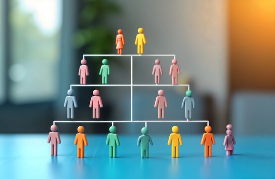 Colorful figures represent organizational structure. Hierarchical structure of departments in business. Teams connected by lines show workflow. Illustration displays management, company structure.