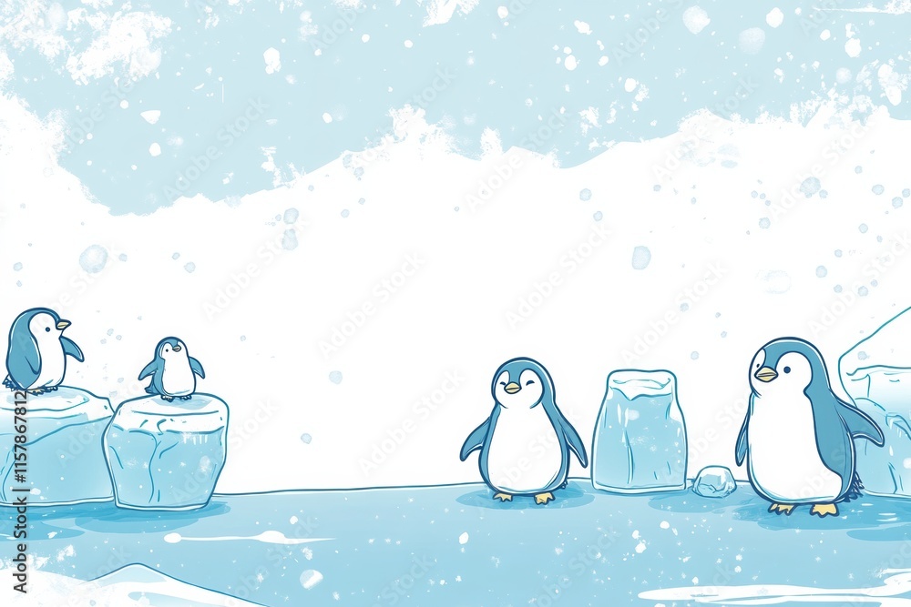 Fototapete Doodle of playful penguins frolicking on floating icebergs with ample space for custom text. Generative AI