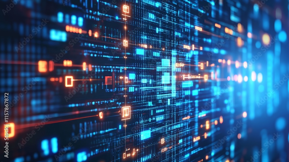 Poster Abstract digital data stream, glowing binary code background. Technology concept.