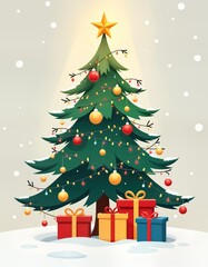 Decorated Christmas tree with colorful ornaments and lights stands on snowy ground. Gift boxes with ribbons sit under the tree. Winter scene. Celebration of Christmas. Holiday season.