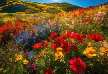 vibrant landscape showcasing lush seasonal blooms numerous colors rich textures beneath bright blue sky, flowers, petals, flora, garden, nature, greenery