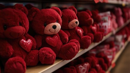 Red teddy bears with heart decorations on store shelves