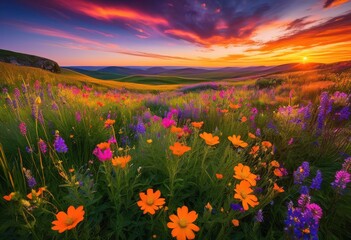 Obraz premium vibrant colorful fields sunset highlighting beauty nature lush greens warm orange skies, dusk, twilight, evening, horizon, colors, landscape, scenery
