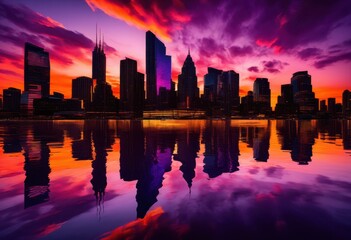 stunning dusk city skyline silhouettes featuring vibrant colors dramatic backdrops over urban landscapes, buildings, lights, horizon, architecture, sunset
