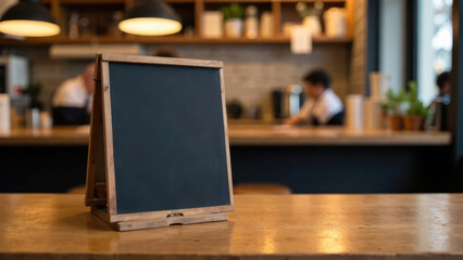 A blank chalkboard menu board sits on a wooden countertop in a blurred café setting. Concept of: Cafe menu and promotion.