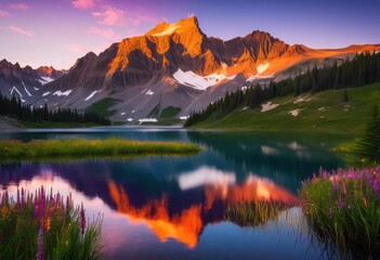 Fototapeta premium breathtaking vibrant sunsets reflecting over serene tranquil mountain lake surrounded majestic peaks lush nature, reflection, landscape, water, sky, clouds