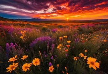 stunning landscape featuring vibrant wildflowers bathed golden hues dramatic sunset sky unveiling rich colors intricate details, bloom, nature, field