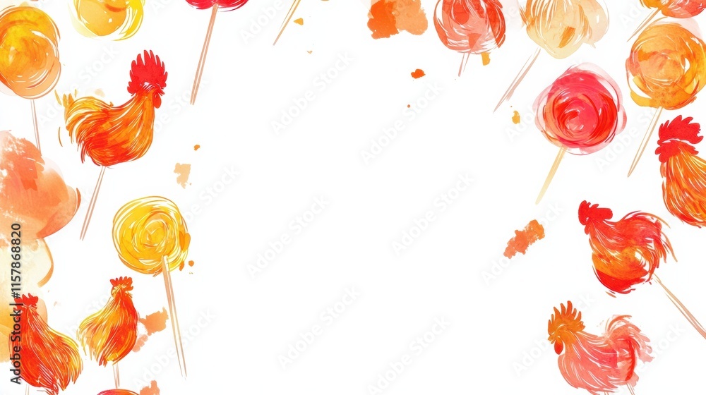 Poster Vibrant rooster shaped lollipops in colorful design with space for text or branding in playful mockup. Generative AI