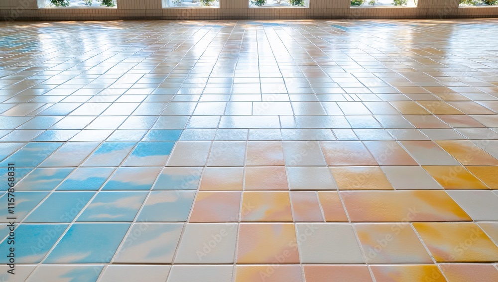 Poster colorful tiled floor with cloud patterns, reflecting light and space.