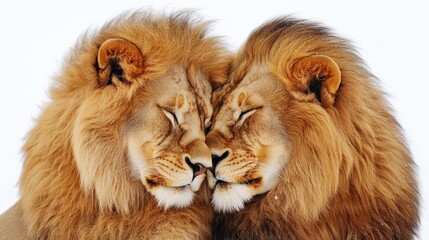 Two majestic lions cuddling in harmony with golden manes. The 14th of February. Happy Valentine's Day