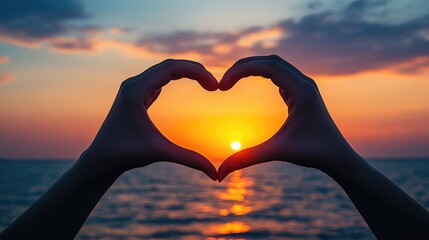 Heart-shaped hands framing sunset over ocean horizon. The 14th of February. Happy Valentine's Day