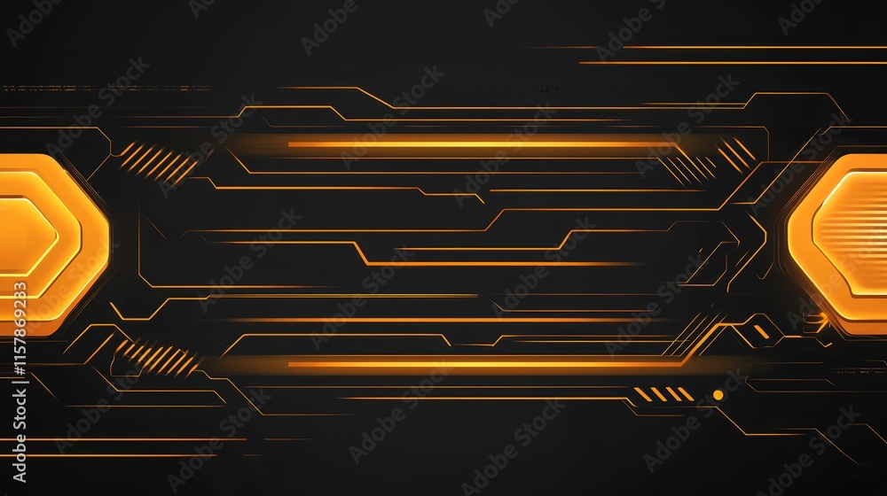 Poster abstract digital technology background with glowing orange lines and hexagons.