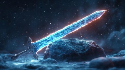 Fototapeta premium A glowing, mystical sword rests on a rock in a cosmic environment.
