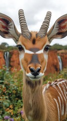 Fototapeta premium Majestic Antelope Wildlife Safari Close-Up in Lush African Landscape with Waterfalls and Vibrant Vegetation, Featuring Unique Spiral Horns and Calm Expression