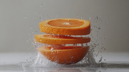 Sliced orange splashing into water.