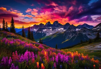 Obraz premium stunning vibrant sunset illuminating serene mountain vistas rich colors dramatic clouds, aerial, backdrop, beauty, blue, breathtaking, bright, colorful