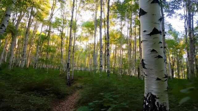 Sunlight Streaming Through Birch Forest