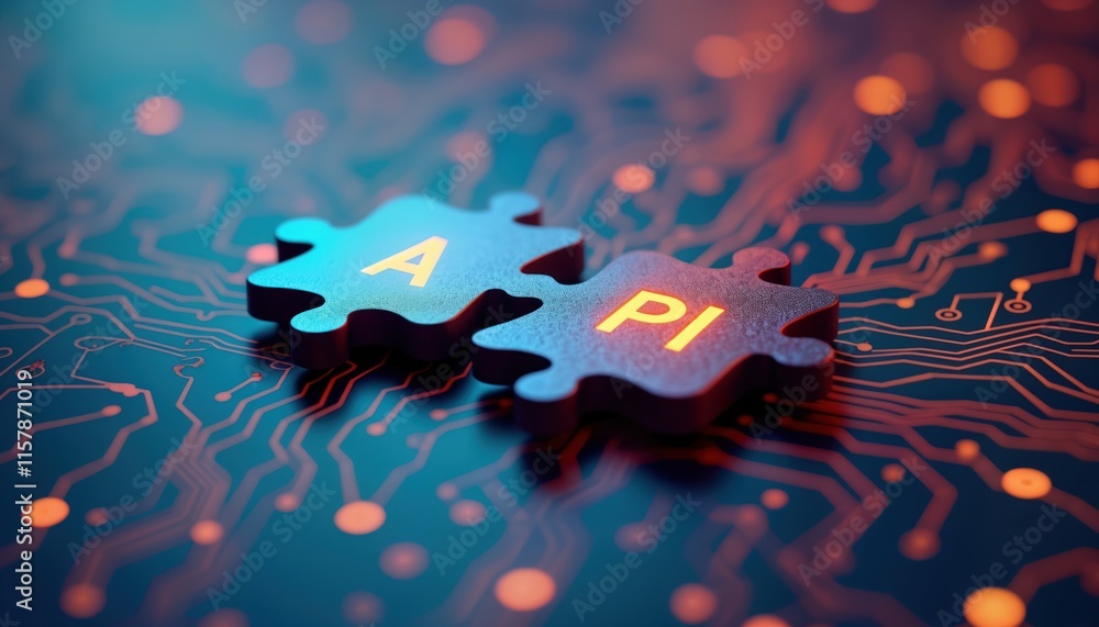 Poster digital illustration shows two interlocking puzzle pieces. pieces represent api integration. futuris