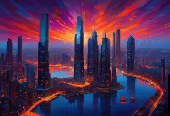 Fototapeta premium vibrant twilight city skyline featuring colorful reflections windows water capturing essence urban life vivid detail, atmosphere, bay, beauty, bright