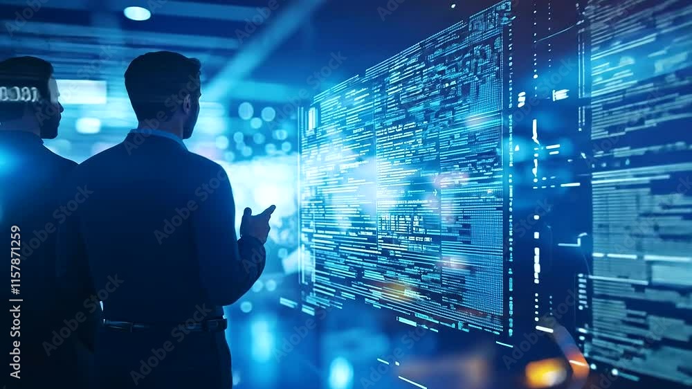 Poster futuristic factory floor with engineers and digital interface
