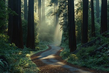 Obraz premium Sunbeams illuminate a winding road through a mystical redwood forest.