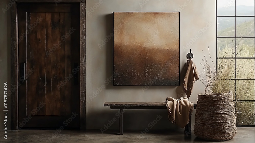 Poster abstract art hangs above a rustic bench in a minimalist entryway.